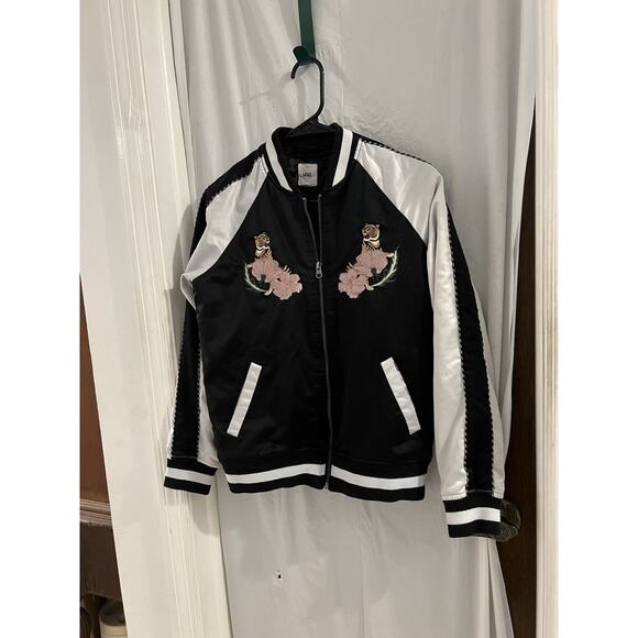 Vans Black White Souvenir Tiger Floral Embroidered Bomber Jacket Quilted Sz Xs - Picture 3 of 12